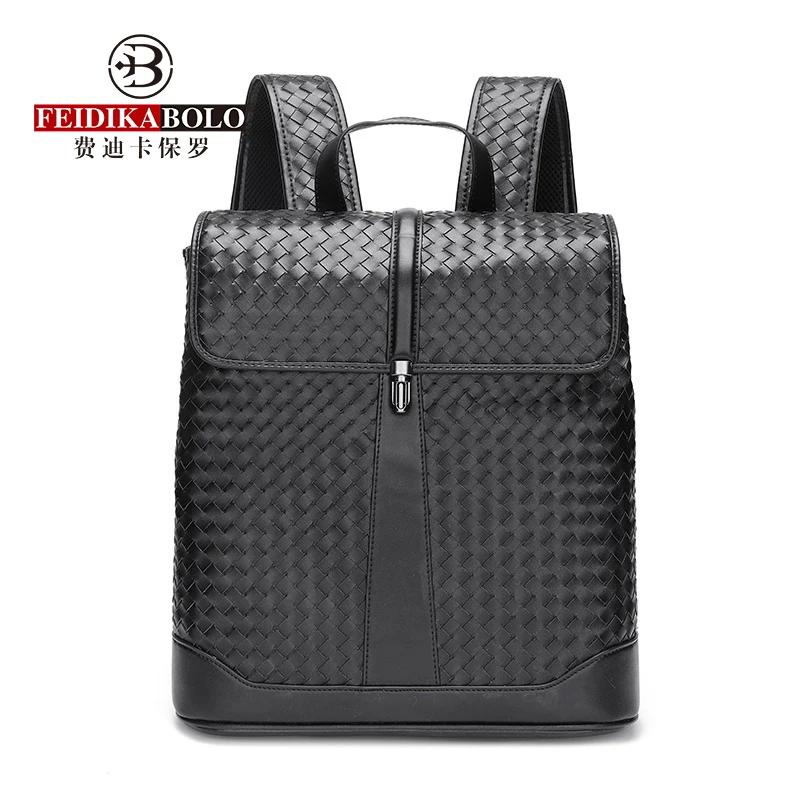 Feidikabolo Woven Leather Backpack Bag Microfiber Leather Man Backpack Bag Business Travel Backpack Laptop Bag Buckle Backpack