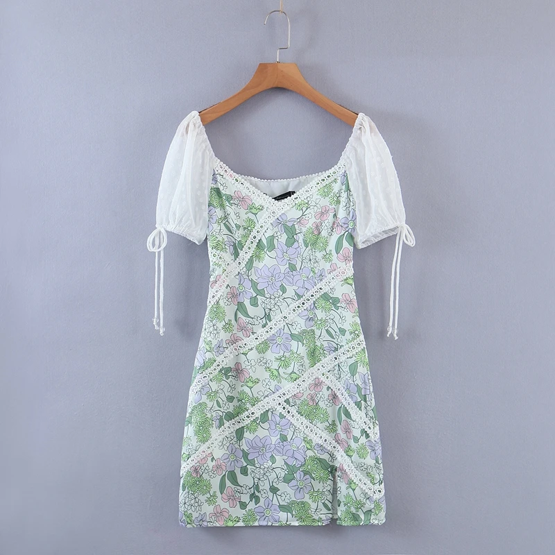 

Fashion Summer Lace Patchwork Bodycon Dress Women Puff Sleeve Floral Mini Split Slim Backless Party Dress