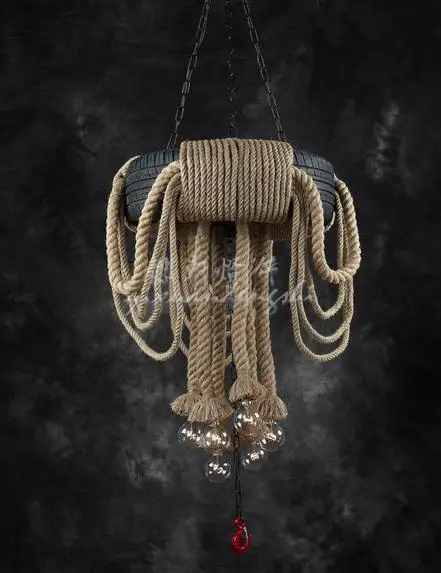

American Industrial Tires Hemp Rope Pendant Lamp Lampadario Pendants For dining room bar lamp