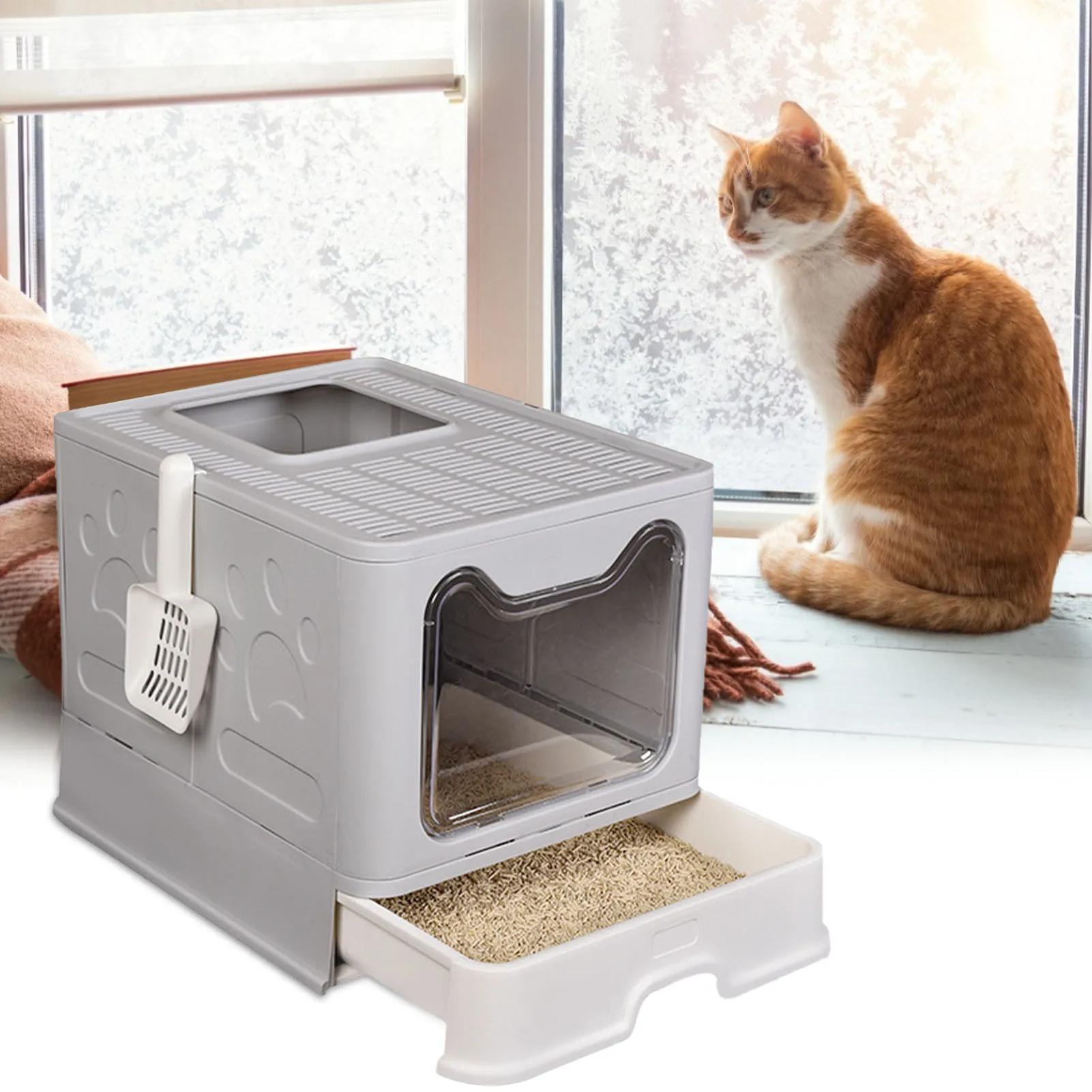 

Контейнер для кошачьего наполнителя, пластиковый Туалет для домашних животных, складной, защита от брызг, мебель для обучения кошачьего туа...