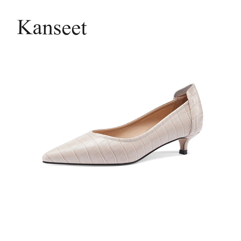 Kanseet Women Pumps 2021 Spring Autumn Mid Heel Shoes Genuine Leather Handmade Thin Heels Daily Office Ladies Pointed Toe Shoes