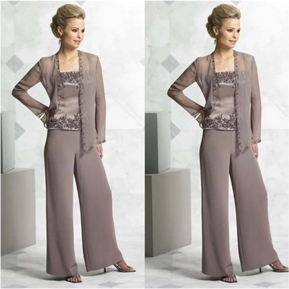 

Plus Size Chiffon Formal Pant Suits Applique Trousers Woman Lady Custom Long Sleeve Mother Of The Bride Dress Three Pieces