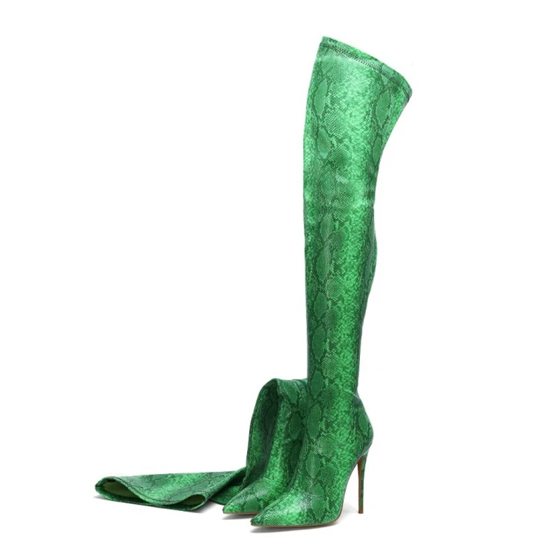 Msstor Snake Print Knee High Boots Women Red Sexy Zipper Party Thigh Pointed Toe Winter Heels Green | Обувь