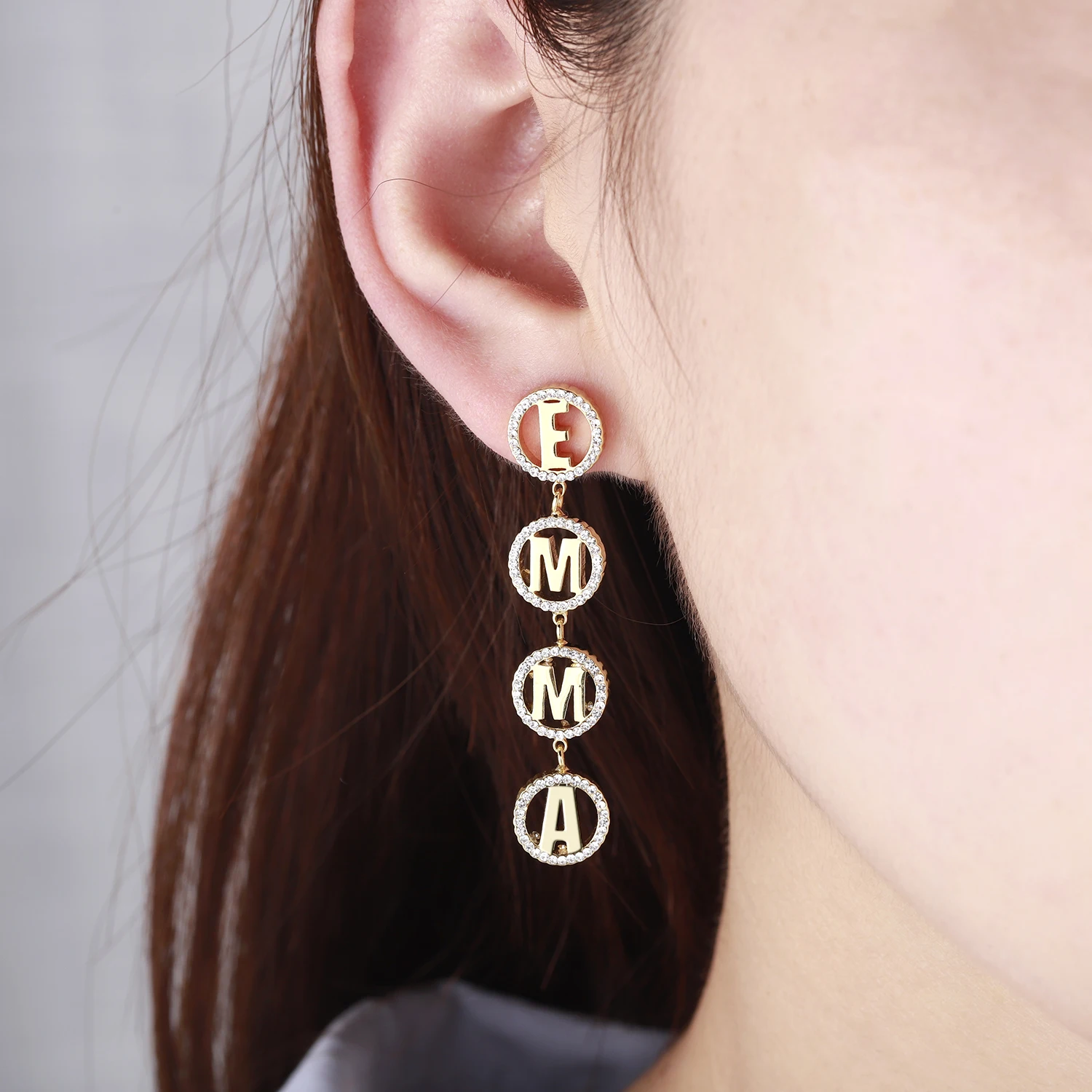 

Custom Name Earring Round Zirconia Letter Stud Earrings Stainless Steel For Women Personalized Name Piercing Earring Gifts