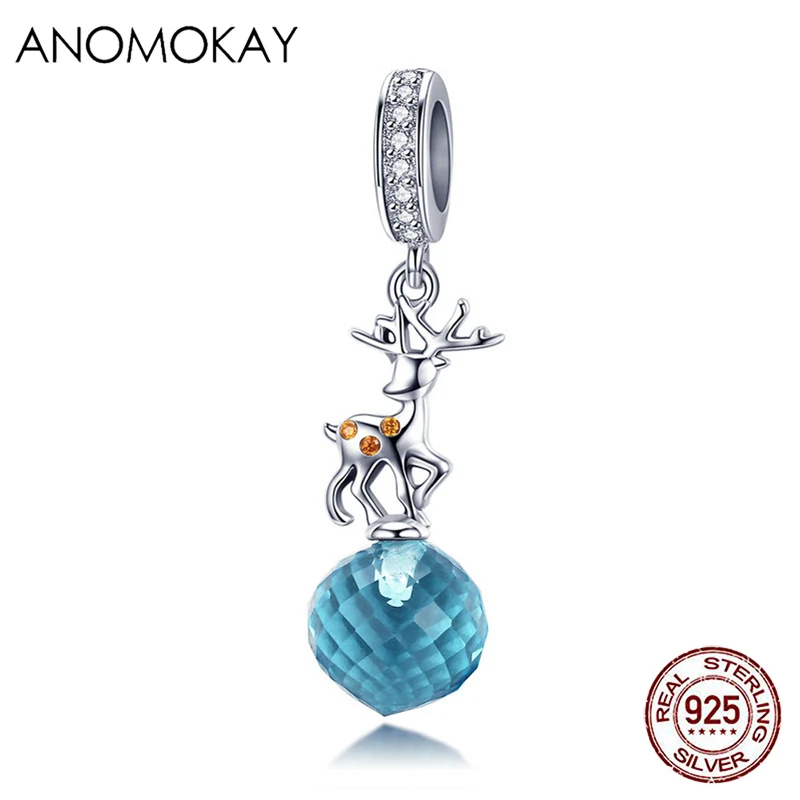 

Anomokay, Настоящее серебро 925 пробы, милый Рождественский олень, лось, подвеска, синий кристалл, амулеты, подходит для браслета, ожерелье, S925, сер...