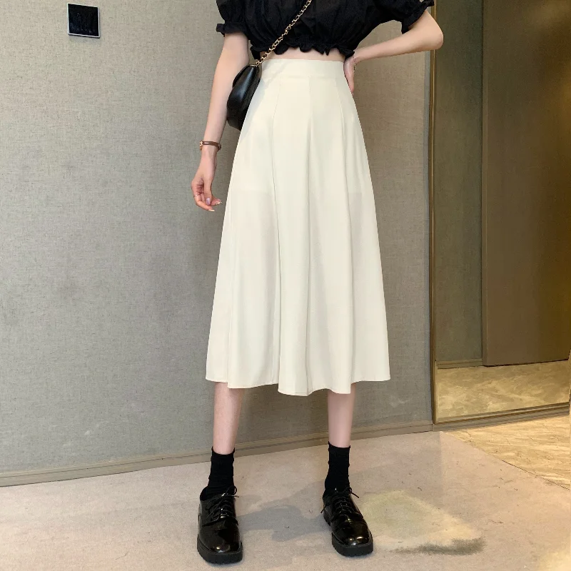 

Lady Skirts England Style Mid-Calf Folds Women Skirt High Waist Solid Casual Loose A-Line Jupe Femme 2021 Summer New S0048