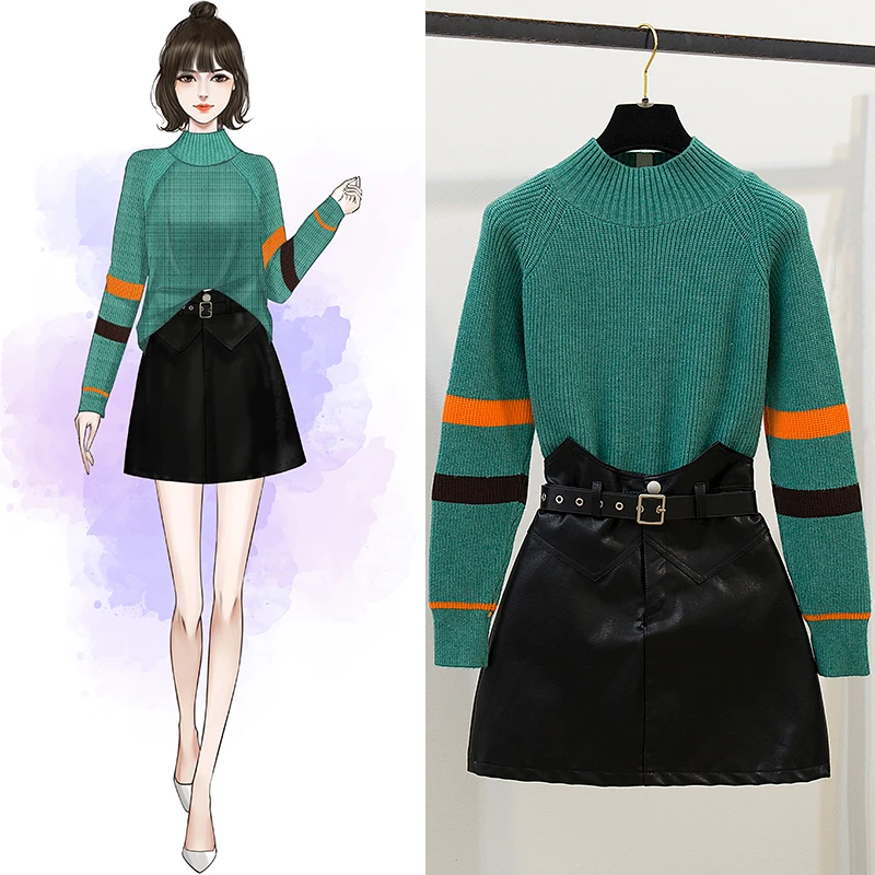 Новинка 2019 зимний свободный свитер с воротником хомут черная юбка из