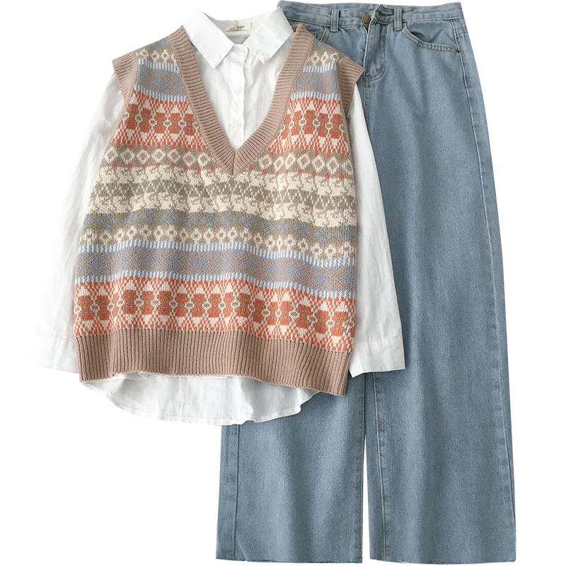 

Fashion 3 Pieces Women Pants Suits Autumn New Knitted Vest+White Shirt+Wige Leg Jeans All Match Female Sets Top Quality