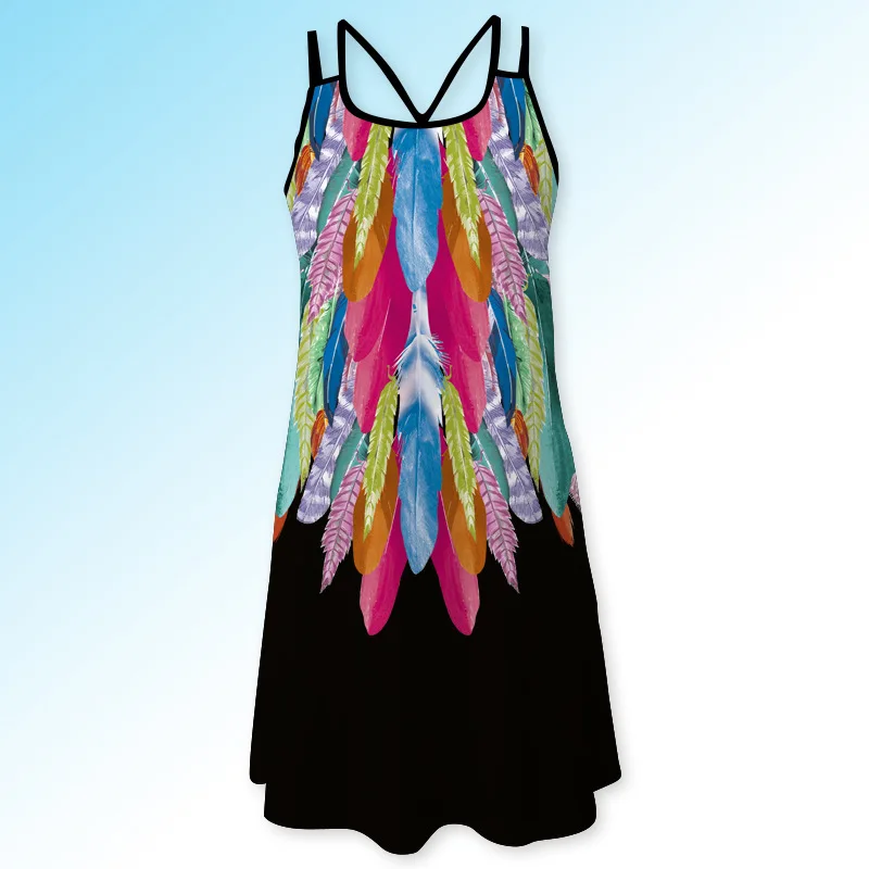 

Sexy Backless Modal Spaghetti Strap Dress Women Print Back Criss Cross Loose Casual Dress Vintage Summer Boho Beach Mini Dress