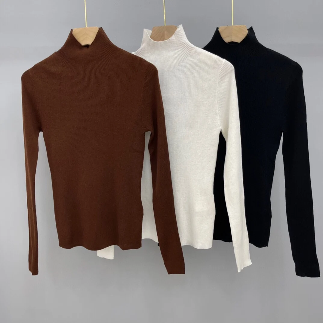 

100% Wool High Quality Fashion Women Autumn Winter Vintage Elegant High-Neck Solid Color Slim Knnted Long-Sleeved Sweater