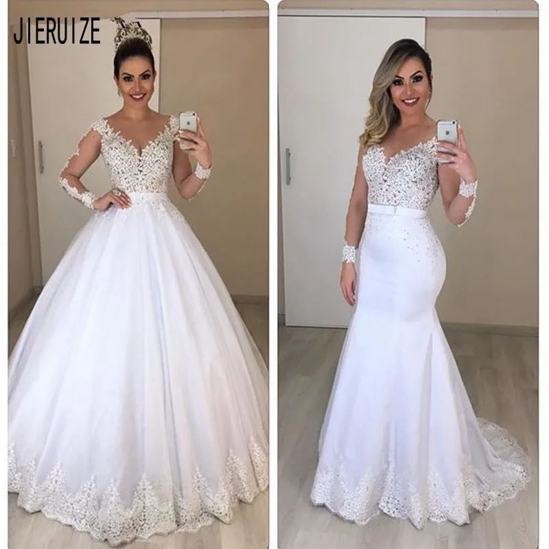 

JIERUIZE Vestido De Novia Lace 2 In 1 Mermaid Wedding Dresses Long Sleeves Detachable Train Puffy Tulle Appliques Bridal Gowns