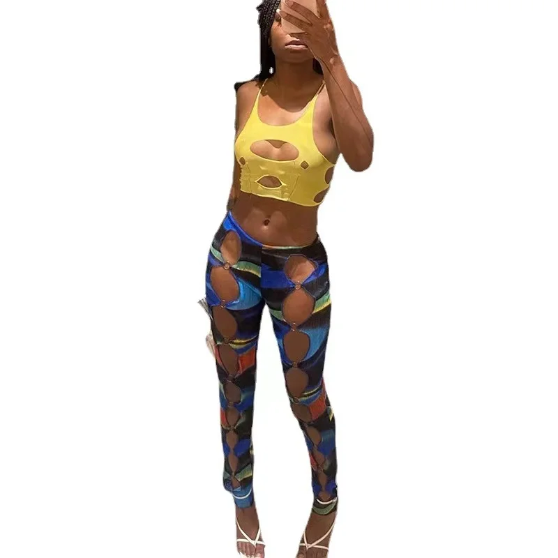 

2021 European and American sexy women's fashion print design sense hollow trousers hot girl feet pants female temperament wear