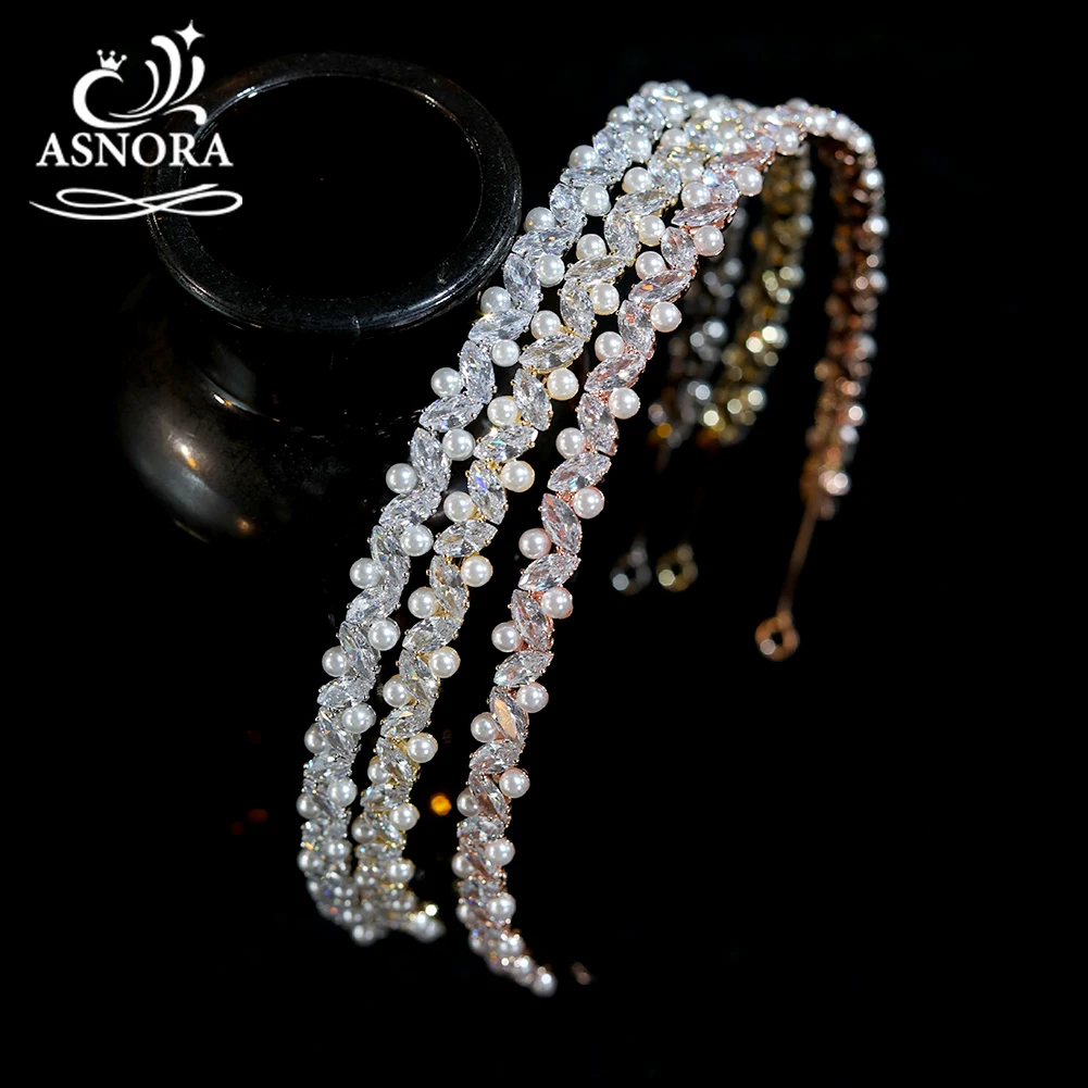 ASNORA Simple Wedding Pearl Tiaras Suitable For Engagement Headdress With Zircon Inlaid Crystal Headband Women's Crowns