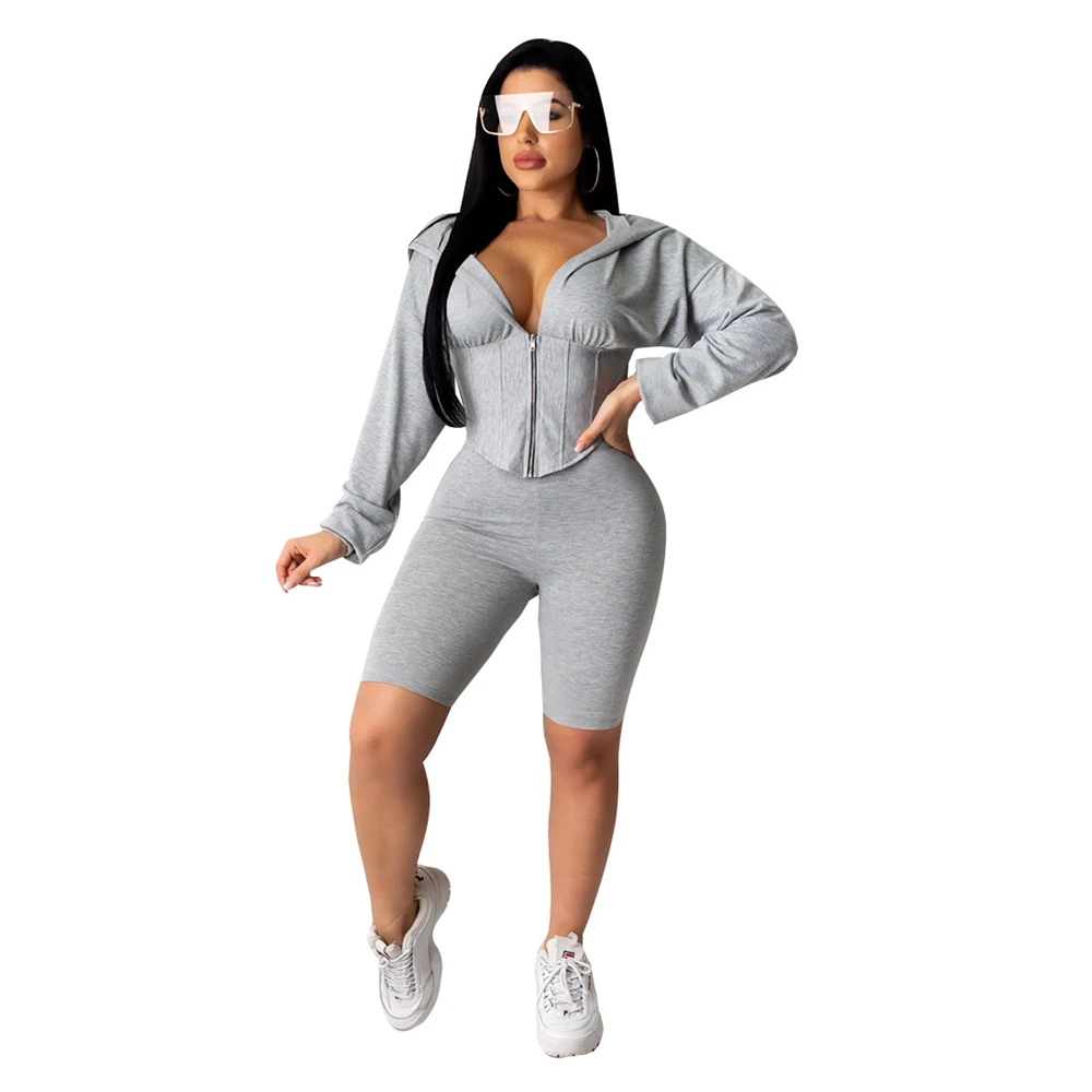 

STYLISH Lady 2 Piece Set Sporty Tracksuit 2020 Summer Women Long Sleeve Hooded Corset Tops and Short Set Two Piece Outfits