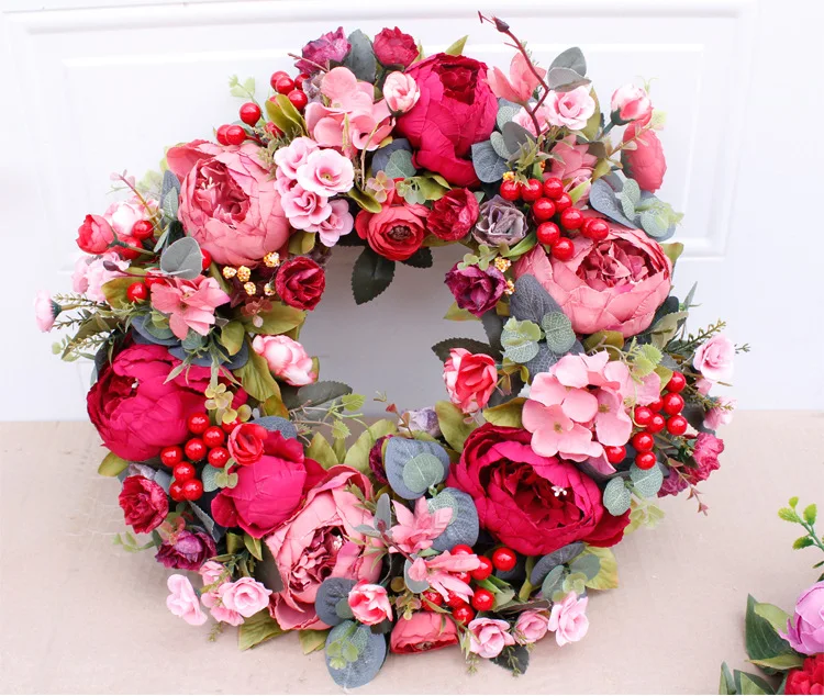 Christmas Wreath Artifical Flowers Fall Red Floral Door Decoration Front Indoor Wreaths Handmade Rattan | Дом и сад
