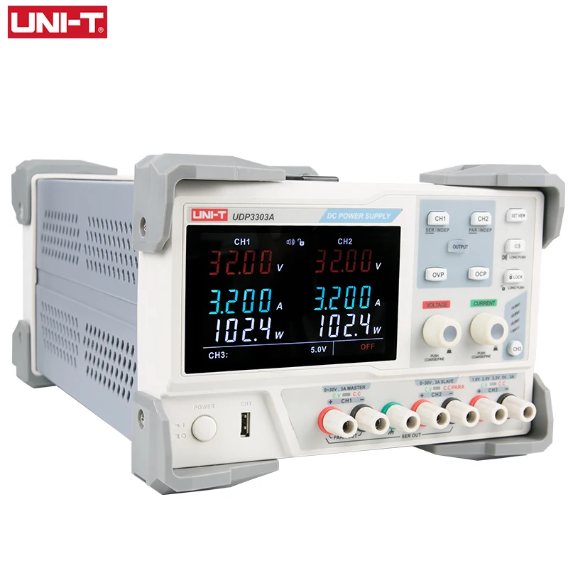 

UNI T UDP3303A Benchtop Linear DC Switching Power Supply Stabilizer 30V 3A for Labs Education Switch 3 Channel Triple 101 - 200W