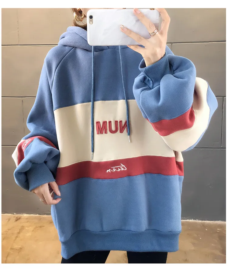 Зимние Повседневные Флисовые женские толстовки с капюшоном, свитшоты с длинным рукавом синего цвета и цвета хаки, пуловеры для девочек, свободные женские плотные пальто с капюшоном