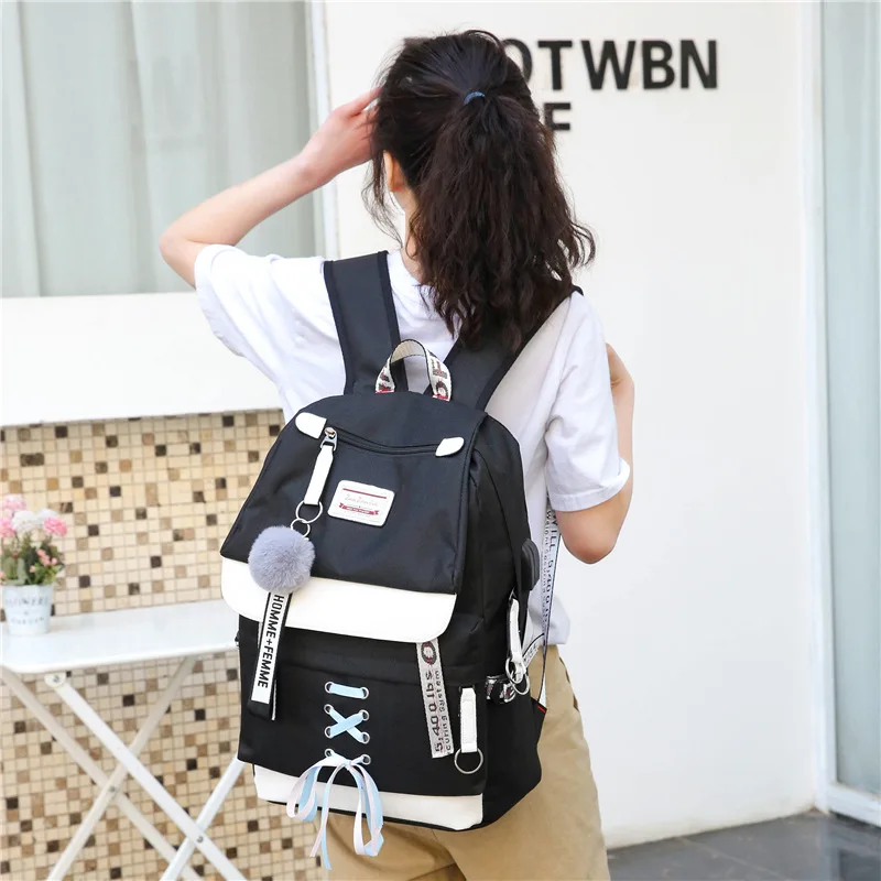 Large Black USB Backpacks Women School Backpack for Teenage Girls Bag Canvas Middle High College Student Bagpack New 2019 |