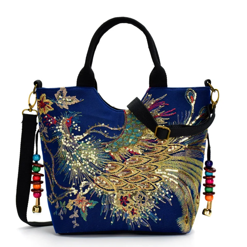 

2021 New Bag Ethnic Embroidery Bag Canvas Peacock Embroidery Small Handbag Middle-aged One-shoulder Portable Diagonal Bag Spain