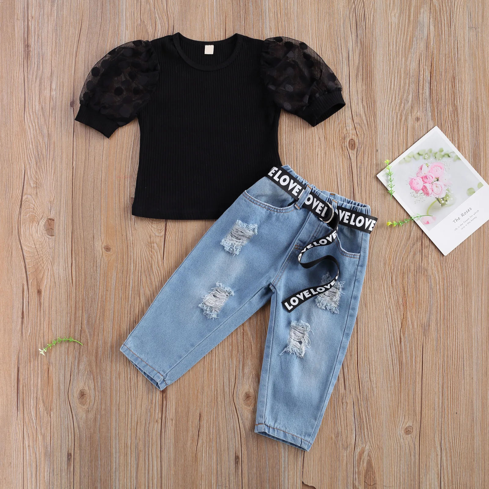 

Fashion Baby Girls Fashion Clothes Set Black Short Sleeve Tops + Blue Elastic Waist Jeans + Waistband Outfits 3pcs Suit