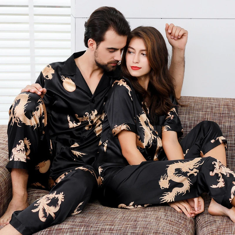 

Couple Silk Satin Pajamas Pyjamas Set Long Sleeve Sleepwear Pijama Pajamas Suit Women And Man Sleep 2PC Set Loungewear Plus Size