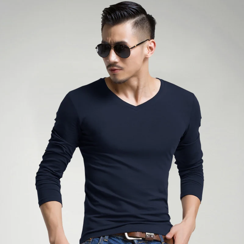 Футболка мужская эластичная с длинным рукавом и V-образным вырезом | Мужская
