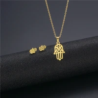 womens hand of fatima necklace earrings set dubai gold color stainless steel african indian wedding jewelry sets for women girl