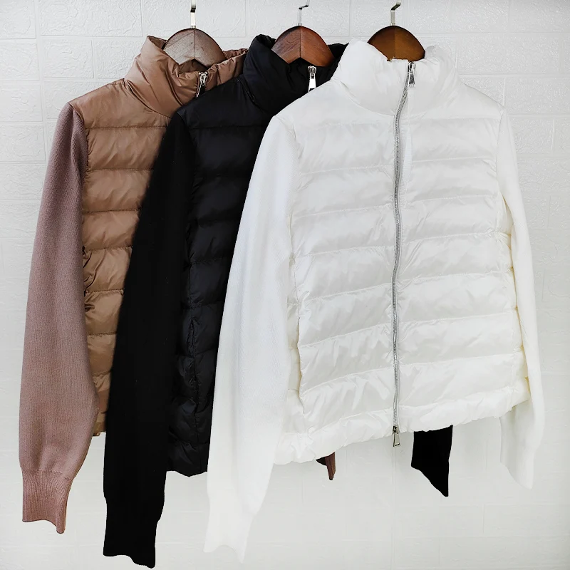 

Autumn and winter lightweight stand-up collar knitted stitching wool white GOLF down jacket female