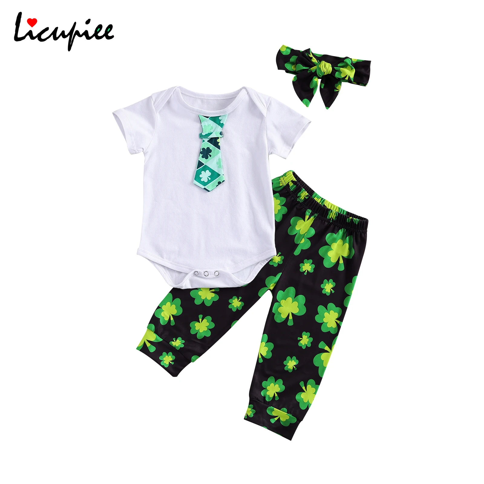 

Baby Cotton Print Patrick's Day Outfits Short Sleeve Necktie Romper + Clover Pants + Headband Set 0-24 Months