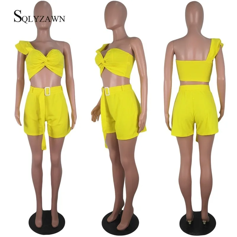 

Two Piece Shorts Set Female Sext Sleeveless One Sleeve Knotted Crop Top Bandage Belt Tracksuit Yellow White Matching Sets Outfit