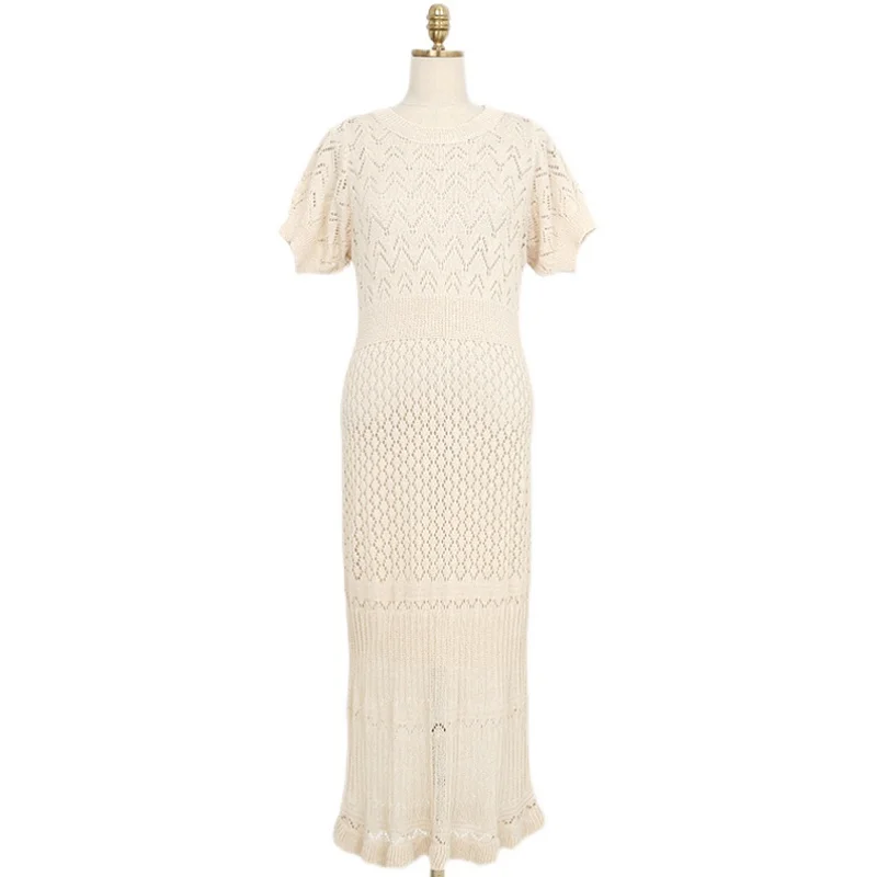 

Summer Hollow Knitted Women Dress Short Sleeve O-neck Slim Waist Midi Mermaid Dresses Korean Vintage Ladies Vestidos 2021
