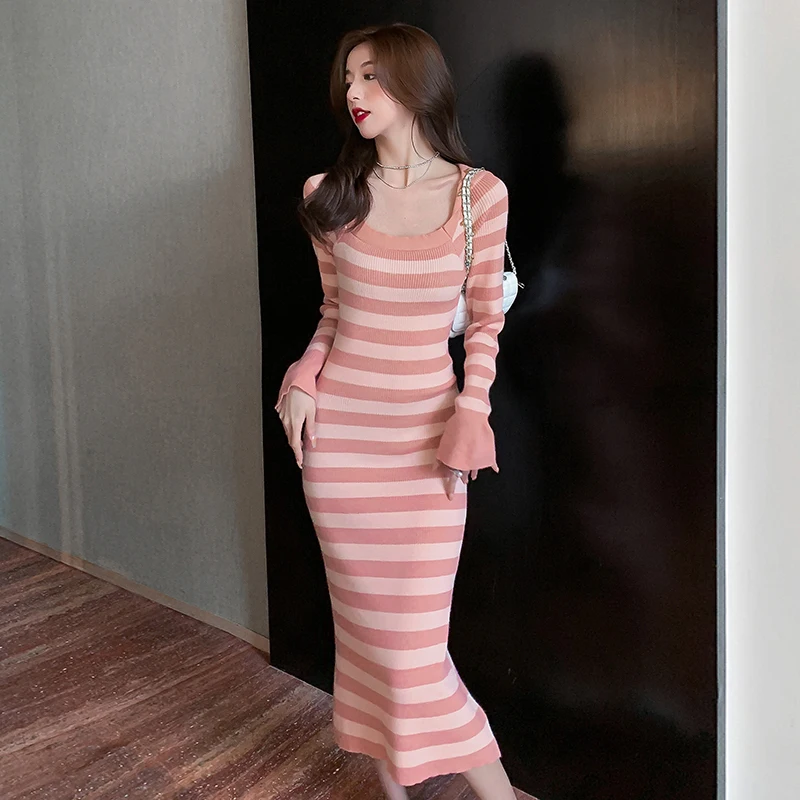 

Vintage Striped Ladies Midi Dress Autumn Elegant Women Stretched Knitted Dress Full Sleeve Female Sweater Bodycon Vestidos