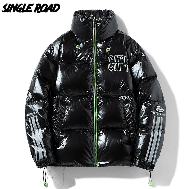 

Single Road Mens Down Jacket Men 2021 Winter Fleece Side Striped Harajuku Parkas Windproof Cotton Padded Coat Jackets For Men