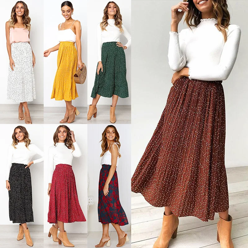 

White Dots Floral Print Pleated Midi Skirt Women Elastic High Waist Side Pockets Skirts Summer 2021 Elegant Female Bottom