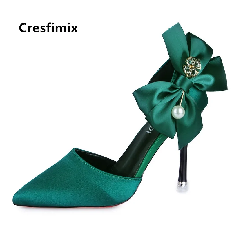 Туфли-лодочки Cresfimix женские на высоком каблуке с бантом зеленые пикантные для