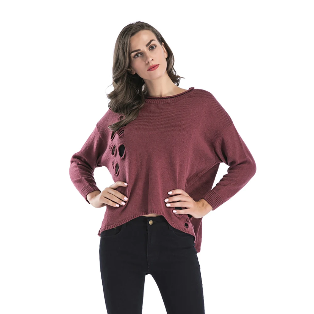 

New autumn/winter sweaters with split ends on both sides of solid color fashion loose hole large size women's sweater