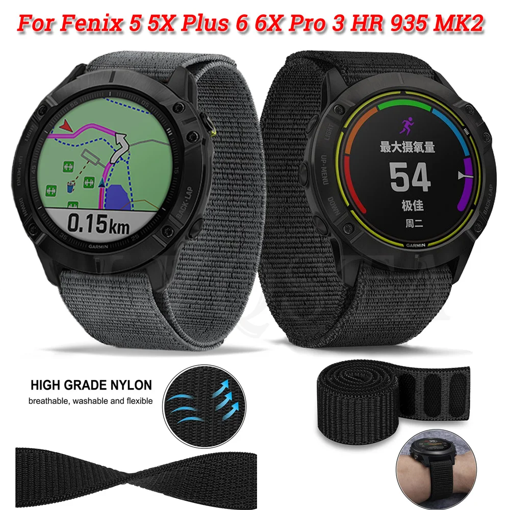 

26 22mm Nylon Hook and Loop Watchband Strap For Garmin Fenix 6X 6 Pro 5X 5Plus 3HR 935 Descent MK2 Watch Easyfit Bracelet Correa
