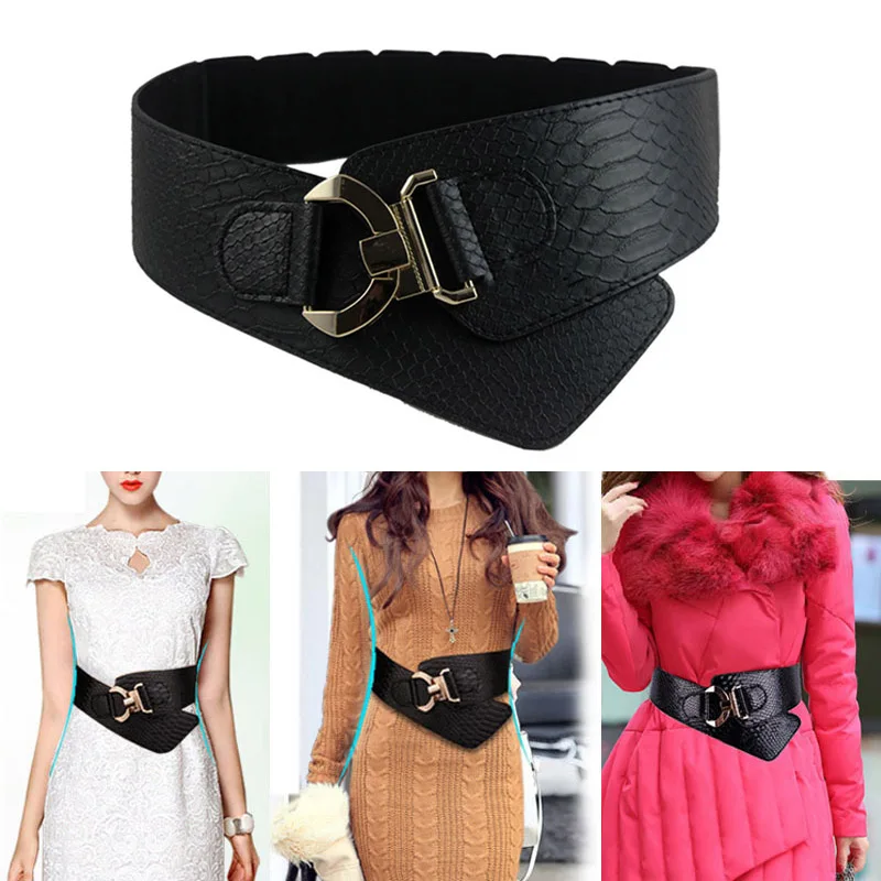 

Fashion Woman Waist Belt PU Leather Snakeskin Pattern Oblique Elastic Personality Ladies Girls Super Wide Belts SWD889