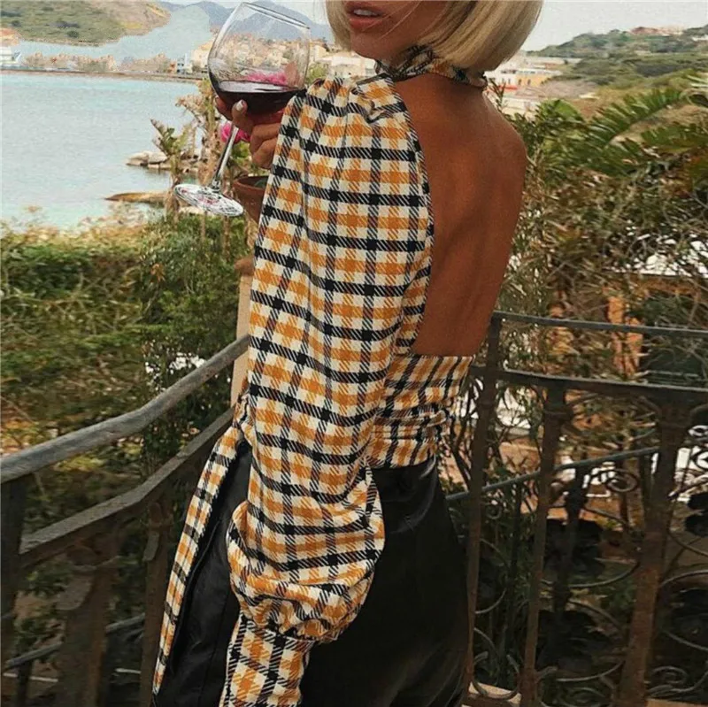 

Sexy Backless Turtleneck Plaid Printed Women Shirts Long Sleeve Elegant Lace up Blouse Female Fashion Summer Streetwear