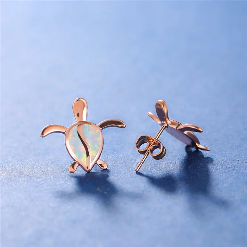 Cute Female Small Turtle Animal Stud Earrings Rose Gold Color Wedding Elegant White Blue Opal For Women | Украшения и аксессуары