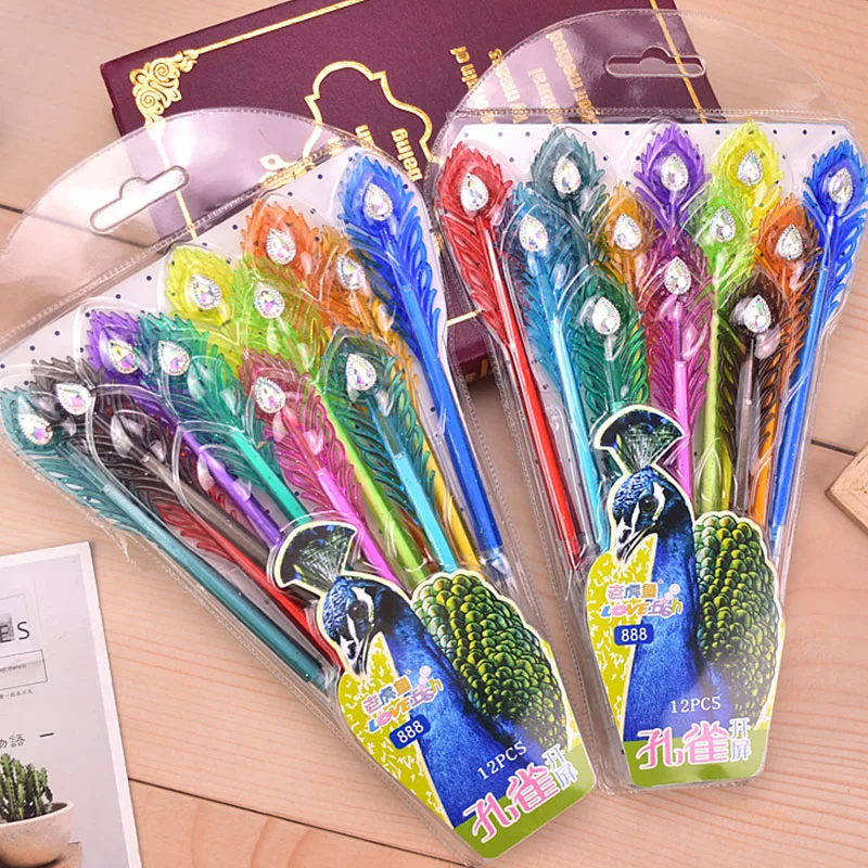

36 pcs/lot Creative Peacock Diamond Gel Pen Cute 0.38mm 12 colors Drawing Pens Office School Writing Supplies Promotional gift
