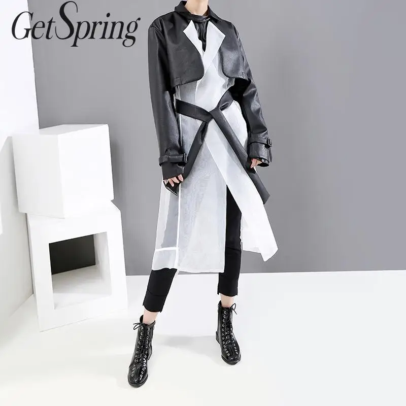 Женский Тренч из искусственной кожи GetSpring длинный тонкий на шнуровке Осень зима