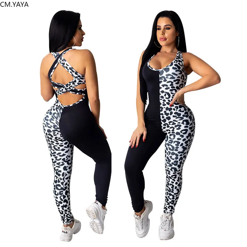 CM.YAYA Active Wear Leopard Print Patchwork Women Sleeveless Tank Open Back Bodycon Jumpsuit Streetwear One Piece Romper Overall |