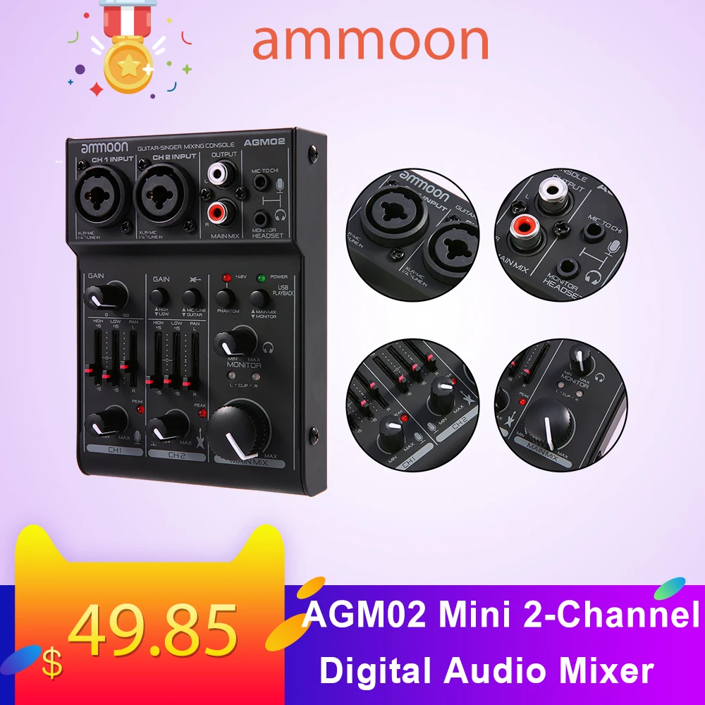 Ammoon AGM02 Мини 2-канальный звуковая карта микшерный пульт Цифровой аудио смеситель 2-полосный эквалайзер встроенный 48V Phantom Мощность 5В USB Мощность ed