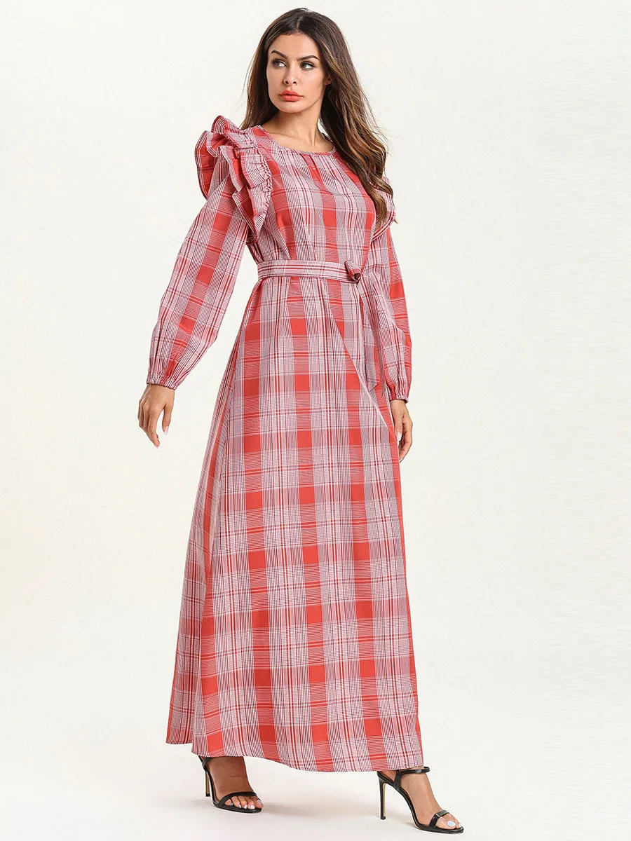 2019 abaya Femme Musulman осеннее Плиссированное тонкое платье в клетку с длинными рукавами