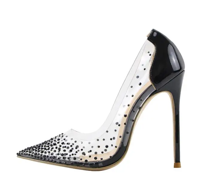 

BONJEAN Sexy Transparent PVC Patchwork High Heel Shoes Pointed Toe Crystal Embellished Party Wedding Heels 12CM Dress Shoes