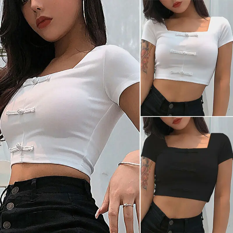 Женская летняя простая Базовая футболка с квадратным вырезом и коротким рукавом