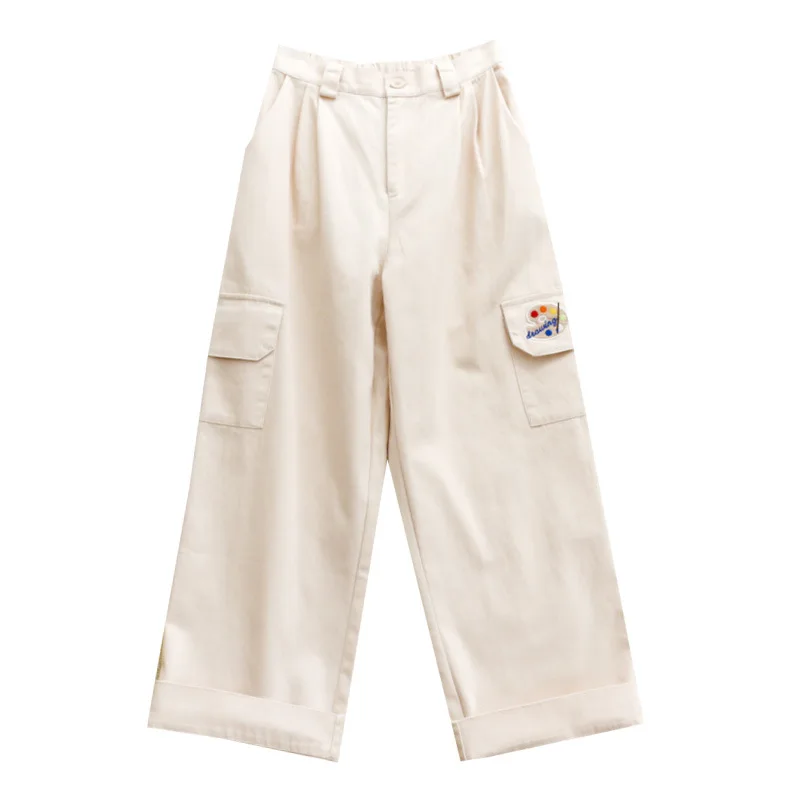 Повседневные свободные женские прямые брюки с большими карманами вышивкой