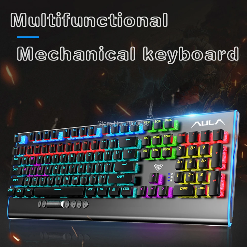 

Новинка 2020, Игровая клавиатура AUAL F2099 с разрешением макро 104 клавиш, мультимедийный рабочий стол, вращающаяся кнопка, Механическая игровая к...