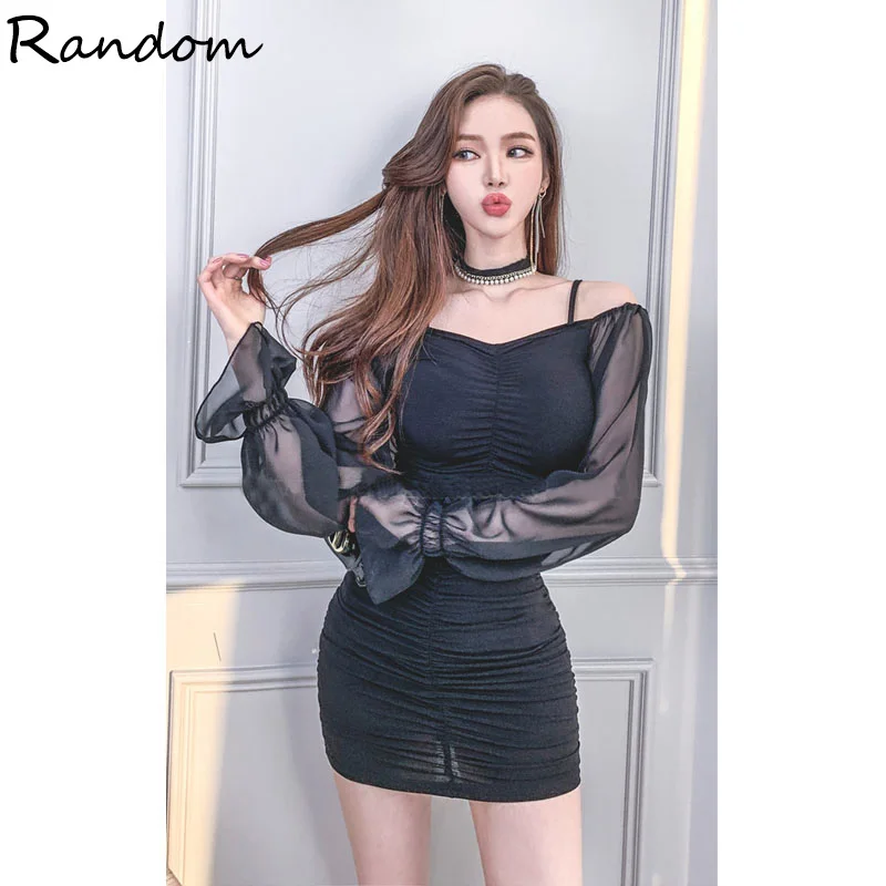

Women Spring Summer Bandage Black Dress Women 2021 Sexy Off Shoulder Mesh Long Sleeve Slim Bodycon Party Club Dresses Vestidos